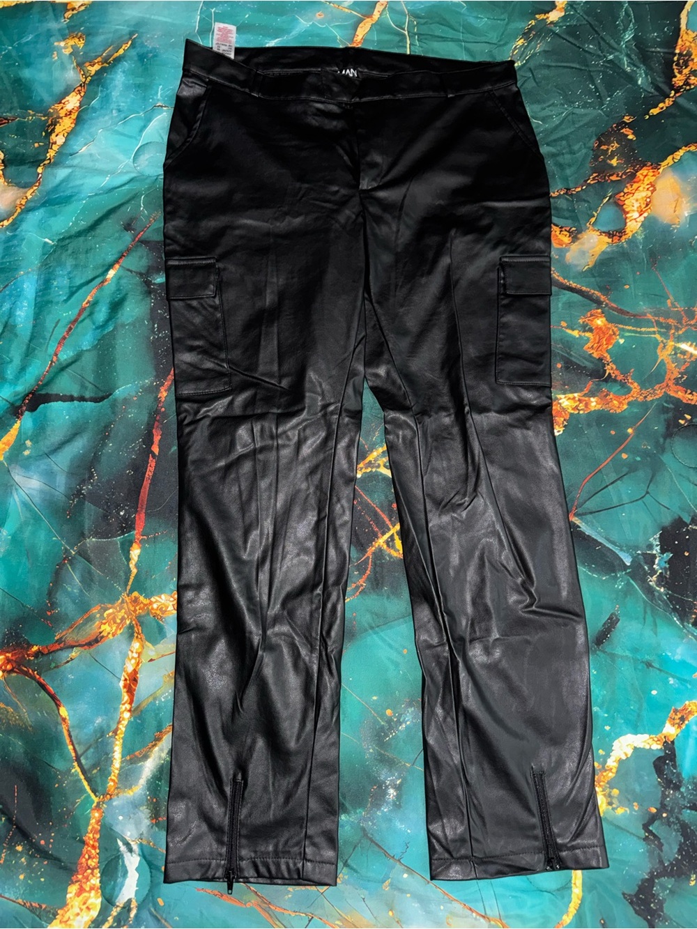 Boohoo -Men's Black Faux Leather Cargo Pants